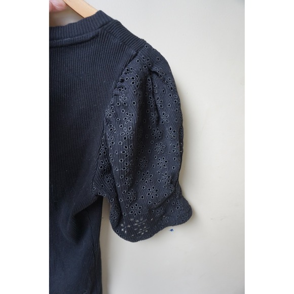 CLAUDIE PIERLOT Black Ribbed‎ Puff Sleeve Ruffled Eyelet T-shirt Top Size Small - Picture 6 of 6